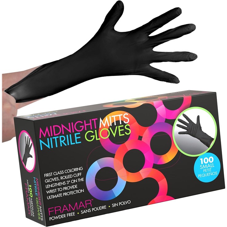 Black Midnight Mitts Nitrile Gloves Small (long cuff) 100 pk