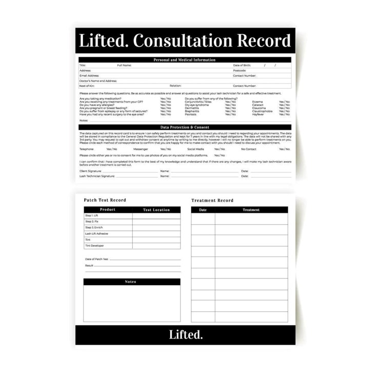 LashBase Lifted. Client Record and Consultation Cards